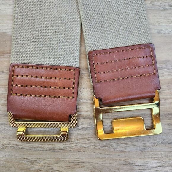 💜Tan w/Gold Toned Interlocking Buckle Wide Elastic Belt - Picture 5 of 7